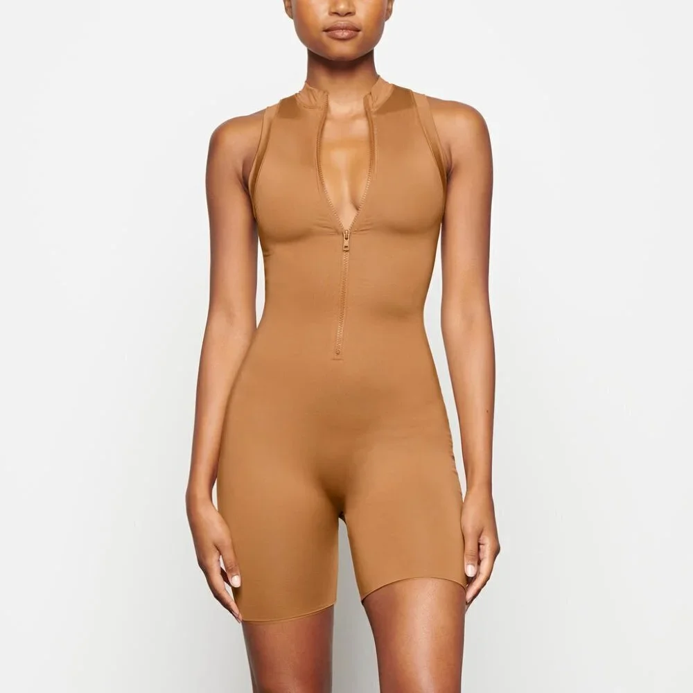 New! Skims Swim Mock Neck Cycle Suit One Piece in Almond nwt 30614